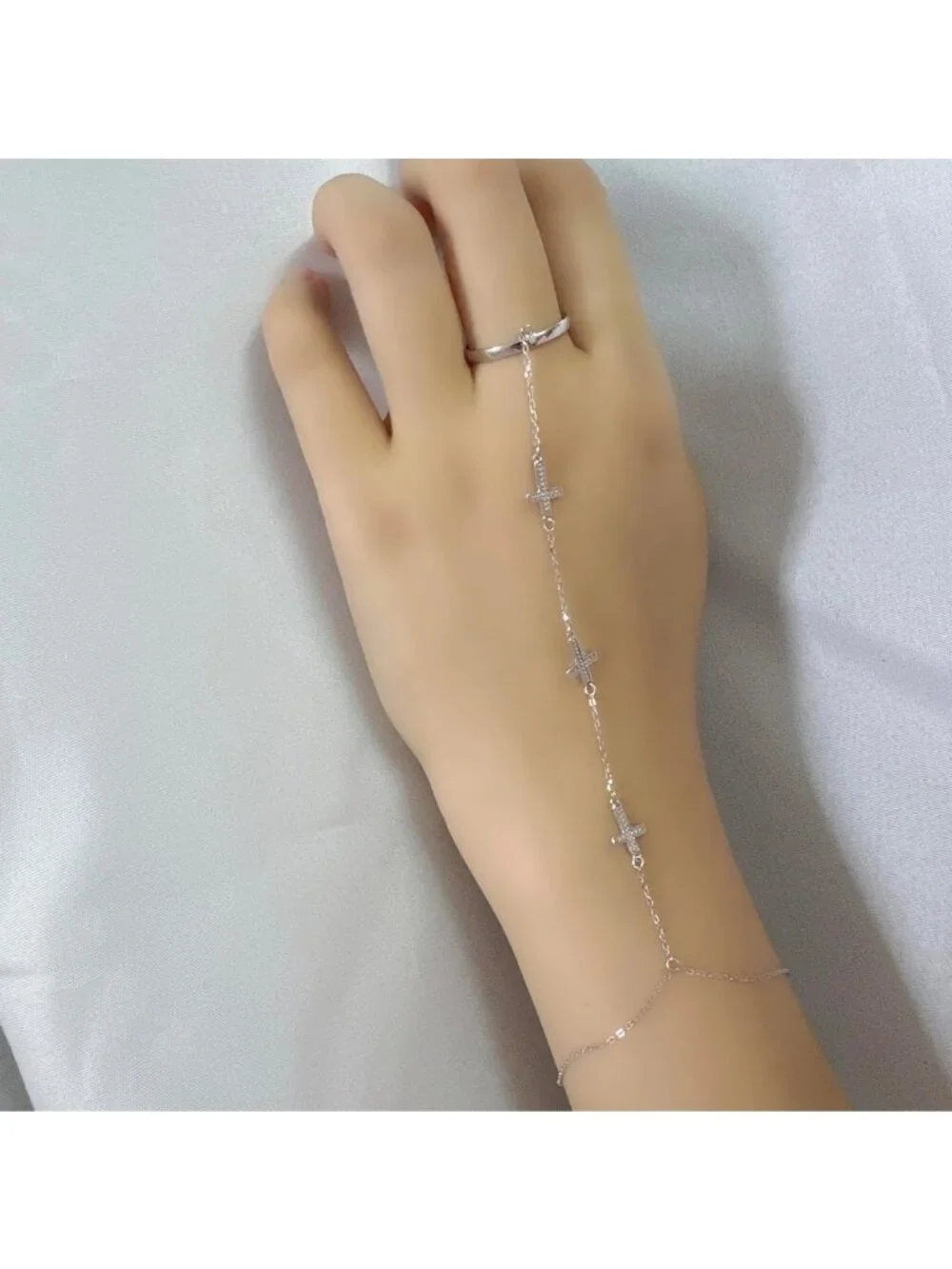 Adjustable S925 Sterling Silver Cross Eye Bead Ring & Bracelet Set for Women